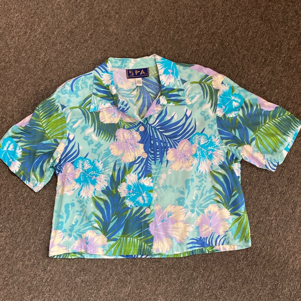 Vintage Spa Hawaiian Print Top Size Large